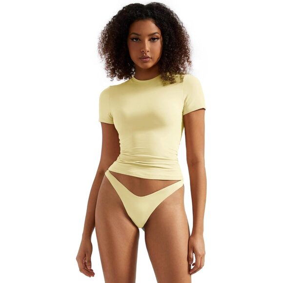 Women Double Lined Soft Cotton Crew Neck Crop Top Short Sleeve Casual - Picture 1 of 7